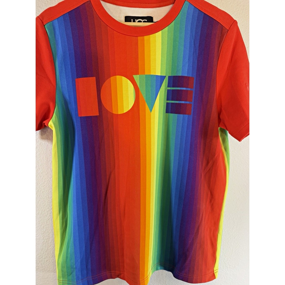 UGG Unisex Rainbow Striped LOVE Graphic Crew Neck Short Sleeve T-Shirt Size S